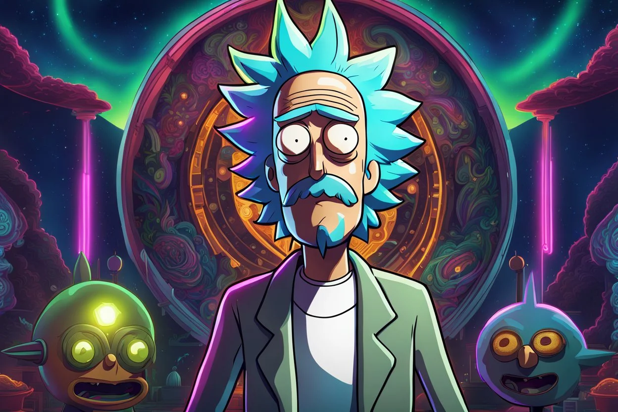Rick in 8k realistic drawing style, Rick and morty world, close picture, neon, intricate details, highly detailed, high details, detailed portrait, masterpiece,ultra detailed, ultra quality