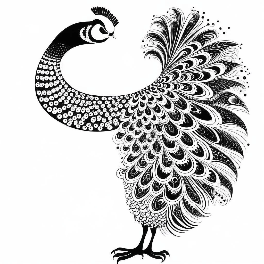 white, A peacock in flight, vector, white background, outline, with images neatly contained within the background, just black and white color, full body, no color. Front view.