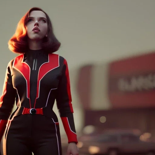 retro sci-fi portrait image from 1960, supermarket parking explosion, fire, classic black widow, young Scarlett Johansson, tight lycra suit, soft color, highly detailed, unreal engine 5, ray tracing, RTX, lumen lighting, ultra detail, volumetric lighting, 3d, finely drawn, high definition, high resolution.