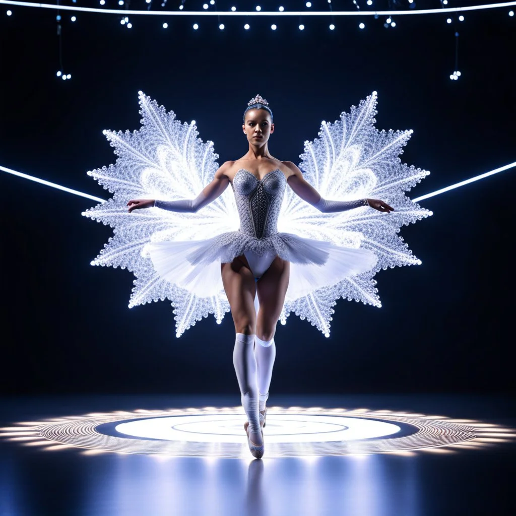 a recursive 3d fractal mocap graphic balerina in stage with lights