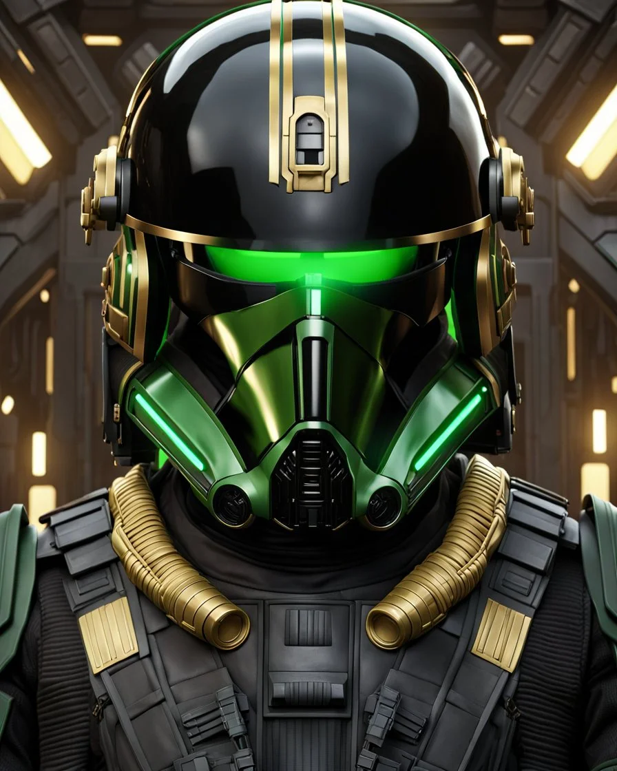 star wars bald male corellian pilot wearing black and bright gasoline green First Order special forces TIE pilot commando armored flightsuit and helmet with gold trim inside the jedi temple, centered head and shoulders portrait, hyperdetailed, dynamic lighting, hyperdetailed background, 8k resolution, volumetric lighting, light skin, fully symmetric details