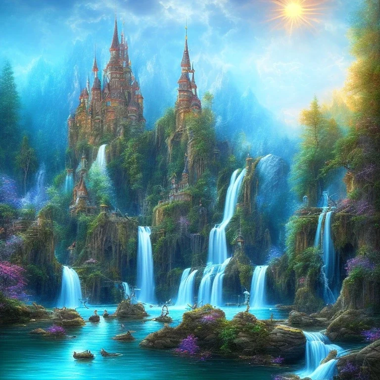 turquoise river, sun, waterfalls, fairy castle