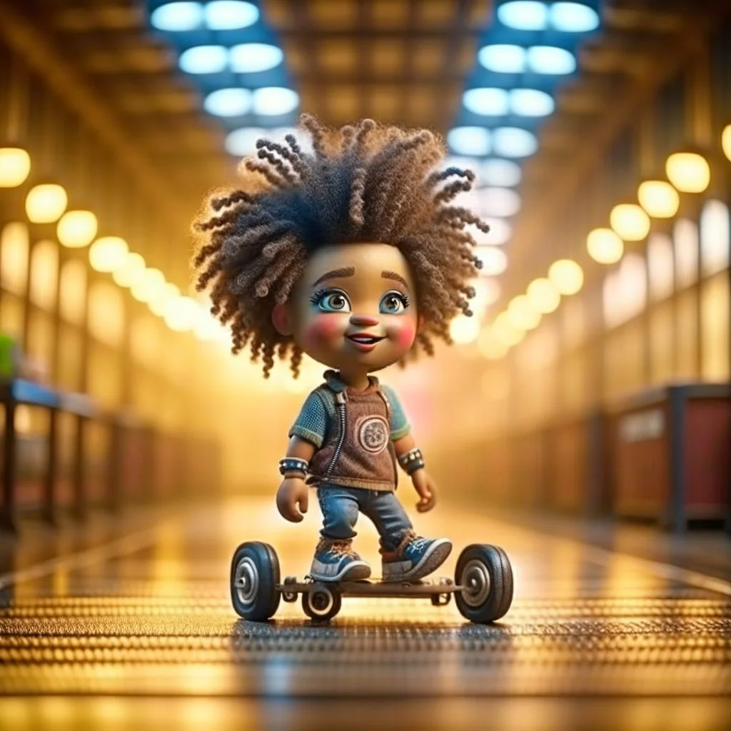 cute happy hairy afro punk chat robot with skateboard photo shoot in big train hall, 8k, downlight, soft light, depth of field, photorealism, trending on art station, lotsa detail, smoke and fog