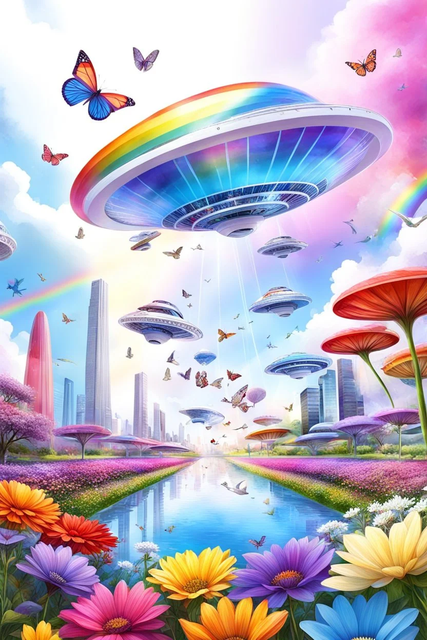 colors, very beautiful, ,flowers garden,rainbow, cité très futuriste ultra moderne, ufos fleet, rainbow intergalactic, birds, butterfly