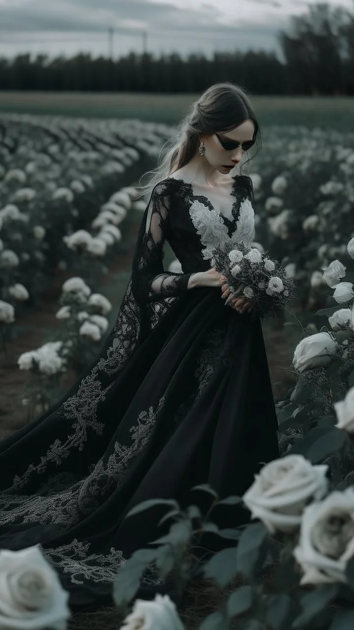 black lace scarf and dirty wedding dress in a field of white roses.cinematic picture