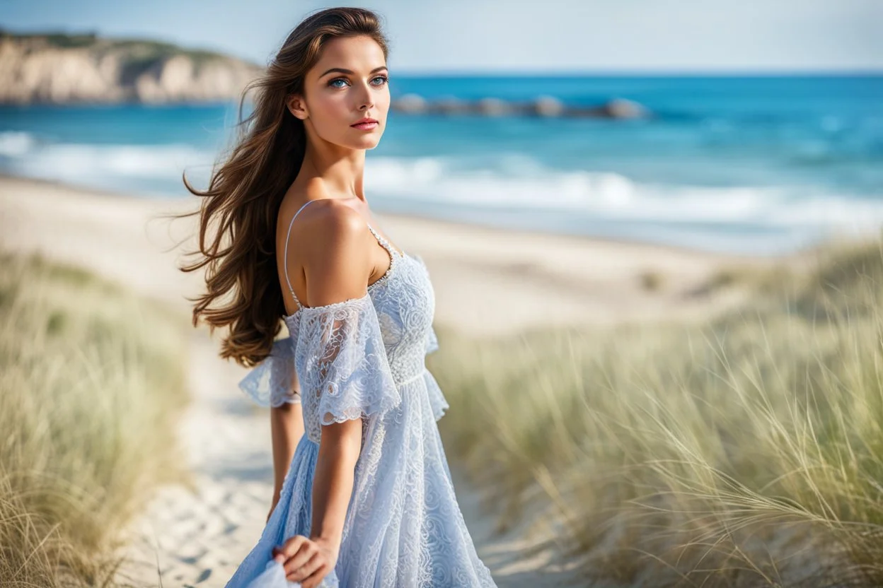 long shot ,full body, 1 beautiful Turkish girl with nice blue eyes wearing a pretty dress makeup (walks in beach toward camera) , sharp focus, natural light, vertical composition, relaxed and natural, fresh and comfortable .