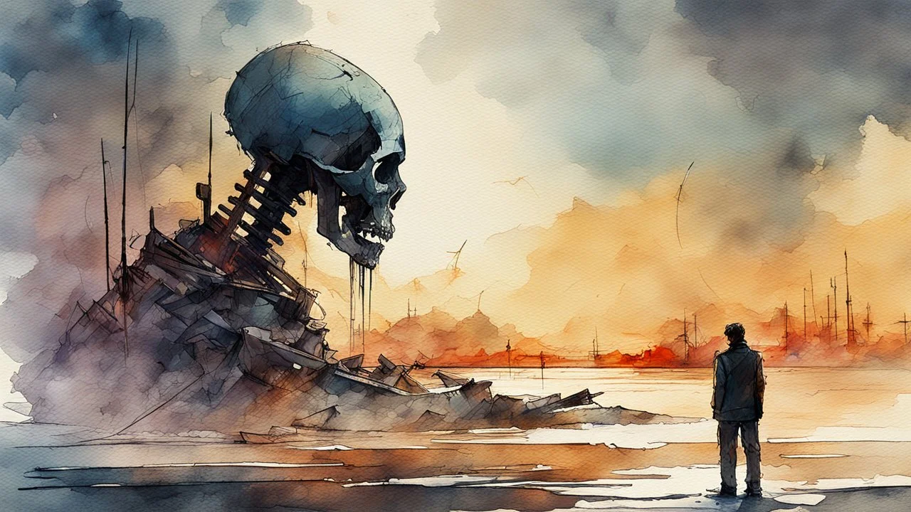 man and death talking on the remains of the world, light watercolor sketch, by Leonid Afremov & Benedick Bana & Atelier Olschinsky & Ian McQue