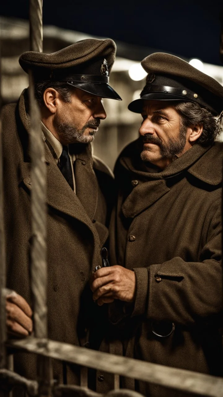 close-up photo, two Italians nightwatchmen, 45 years old, stocky, unshaved, at night, talking each other inside a guardhouse top-lit along the fence of a building, photorealistic, photographic, 32k