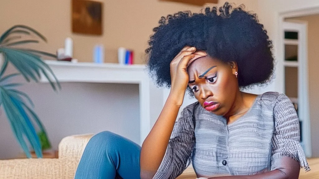 baffled black lady alone at home holding cellphone