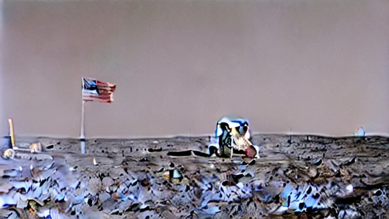 A Tesla's 'Model S Plaid' is racing at top speed on the Moon, by the landing site of the 'Apollo 11'. CINEMATIC. WIDE ANGLE LENS.