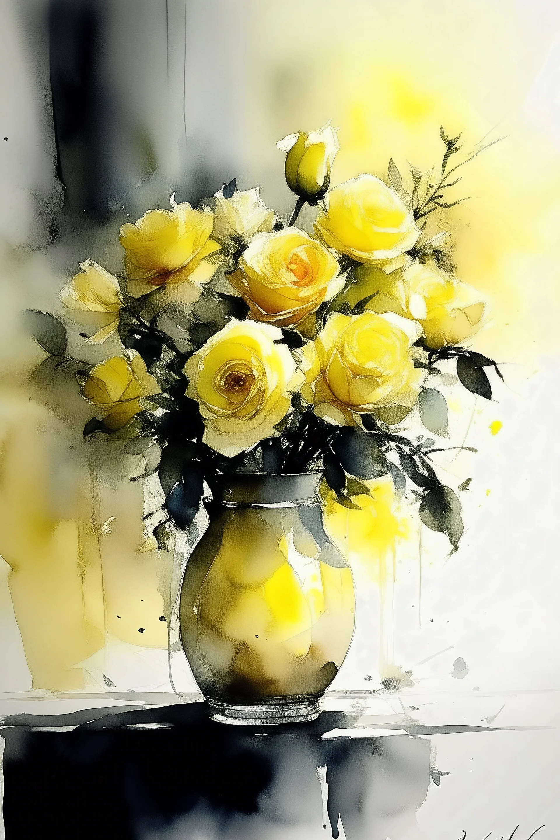 A watercolour and ink drawing of A vase of pale yellow roses in the style of artist John Lovett