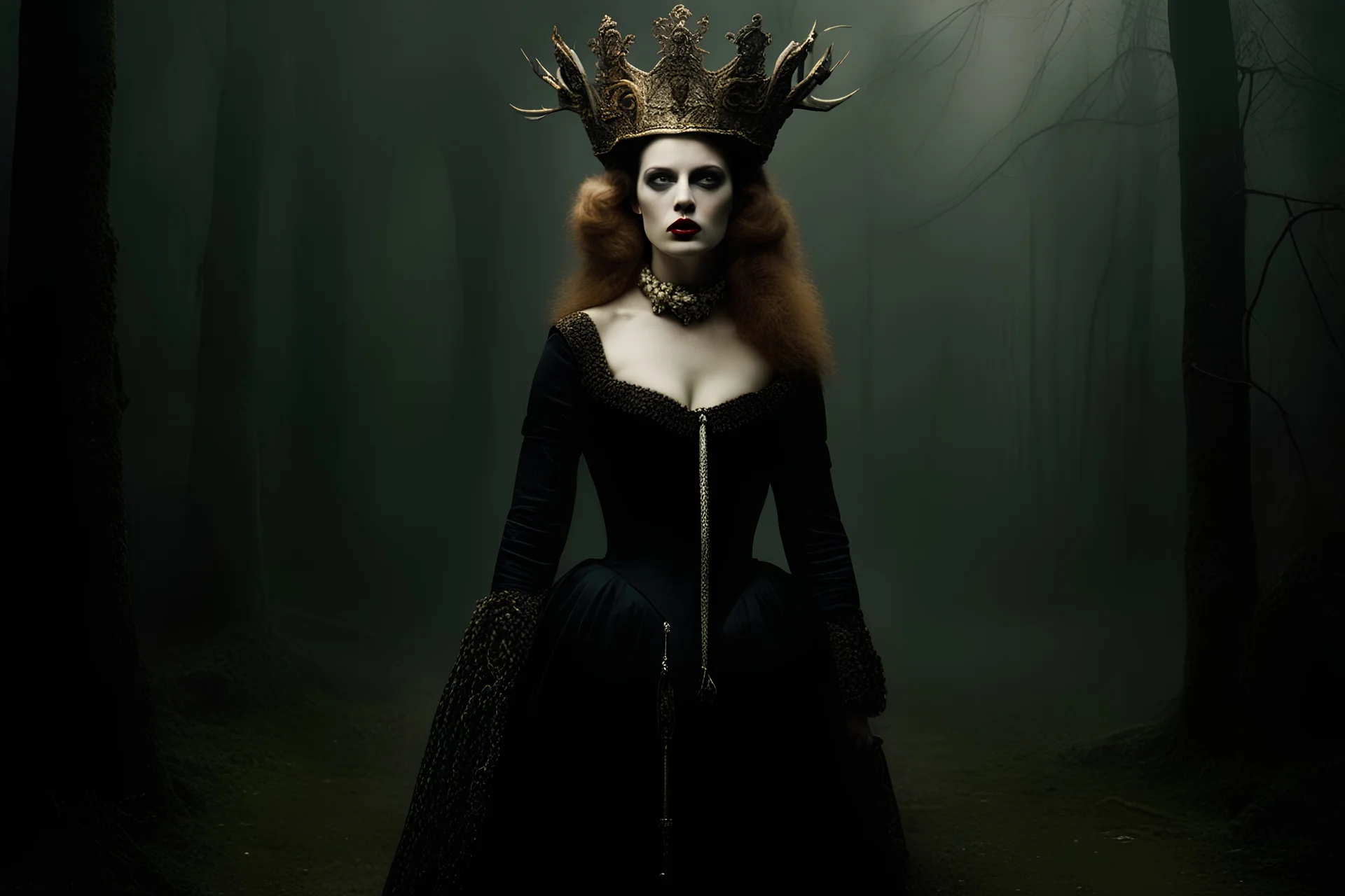 A Alexi Lubomirski fashion portrait for Harper's Bazaar features Strange medieval beauty, Epic Shakesperian opera, paranormal art, avant garde pop surrealism, dark intriguing nightmarish, fantasy, dark, moody, artwork by Gerald brom, bizarre art, abnormal behaviour, surreal, random and thought provoking, pop surrealism, ((art by Francis bacon)), surreal composition, moody vivid dark, flat colour floor, psychological, intriguing, paradox