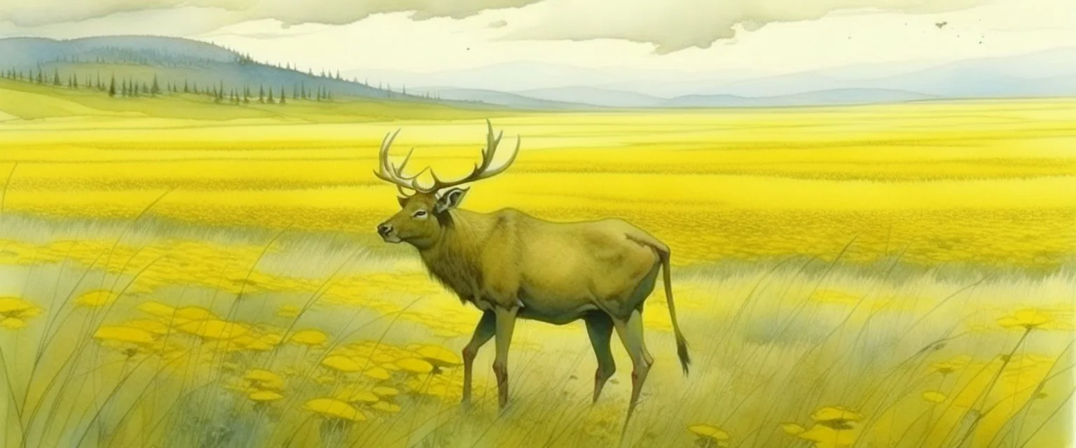 an Elk off-center in a prairie field, canola plants hinted in corners of foreground, realistic fantasy watercolor illustration, Robert Bateman