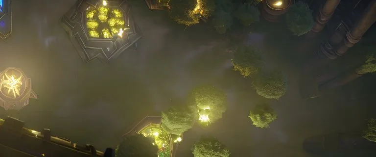 top view that warm, a huge library in forest with fireflies around trees that have wide leaves and broad trunked. Realistic.