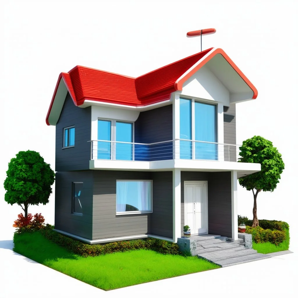 3D modern futuristic house in cartoon Pixar style on white background, png, high resolution, highly detailed texture.