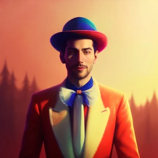 circus, ringleader, Arthur Kulkov, front, handsome, male, Russian, fantasy, anime, at dawn by atey ghailan, mystical colors, Golden hour, Lisa Frank fantasy