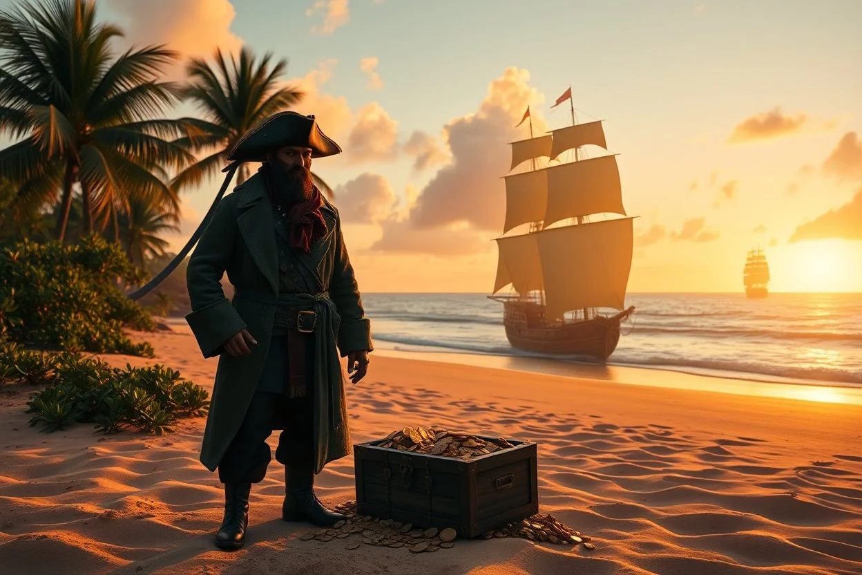 create a wide surreal scene of a pirate standing on a golden beach with a treasure chest full of coins in front of him, palms and tropical vegetation behind, pirate ship floating in the ocean. The pirate’s figure is semi-transparent, showing the chest, ship and coastline within his silhouette in a glowing double exposure. Ocean breeze in his coat, warm sunset tones, rich natural details, fantasy realism --v 7 --style raw --ar 16:9