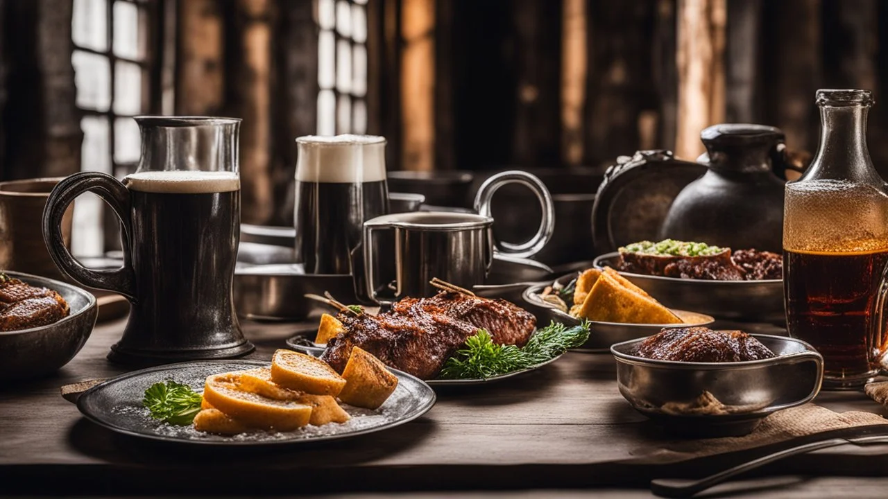 142857, delightful, sensitive, delicious food, banquet, pewter tankards and pewter plates, pewter mugs, pewter cups, beer, ale, confident, night, darkness, architecture, filled with delicious food, splendid cooked boar's head, award-winning photograph, beautiful composition, chiascuro