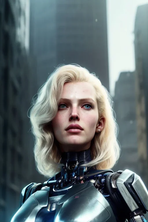 portrait of beautiful blonde amazing cybernetic robot, post-apocalyptic in a cyberpunk city, realistic, intriacte detail, sci-fi fantasy style, volumetric lighting, particales,highly detailed,cinamatic, deep