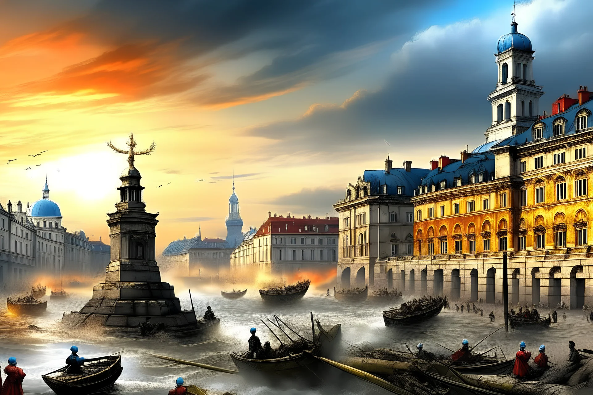 Create me a hyper real book cover for a novel. The War in Ukraine is in its tenth year. Russian forces now occupy parts of Poland, including Warsaw. The city of Warsaw is flooded, following the destruction of a dam on the Vistula river. Groups of survivors live on islands of land above the water level and attempt to seize back control. The hero, a photo journalist, infiltrates the city to report on the activities of the survivor groups.