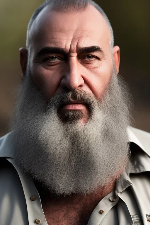 full figure shot photography of a turkish angry bearded ugly brawn 60-year-old rough big chubby burly scars bullneck turkish tourist guide wearing traditional pants, manly chest, with very bushy eyebrows , photorealistic, sunlight, ambient occlusion, strong side light , sitting in a camping tent in the desert