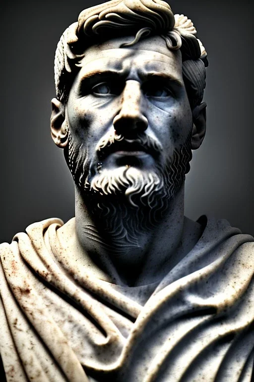 Ultra Realistic image, roman sculpture, white marble material, Lionel Messi, Laurel leaves wreath, miguel angel style, chisel style, emperador, waist up portrait, epic, celestial, cinematic lighting, God light, god rays, 4k resolution, smooth details, ornate details, soft lighting, unreal engine 5, sky and clouds background.