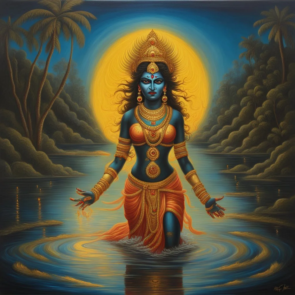 An oil painting of goddess Kali crossing a lake, neon gold colors, high detail eyes,