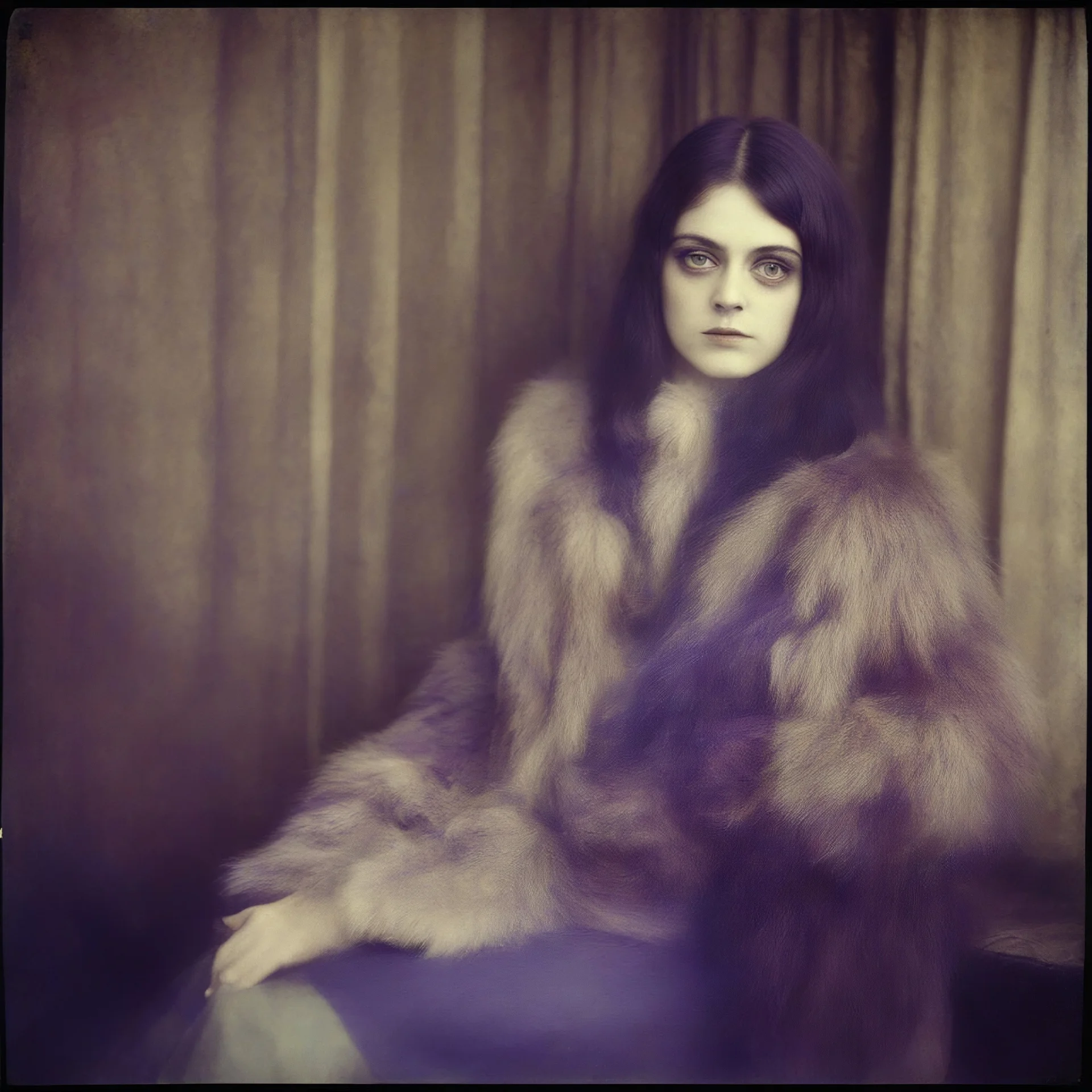 Theda bara, Hippie girl, jeans, purple fur, striped wallpaper, old autochrome