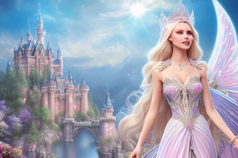 castle in background, beautiful, soft, big smiling, straight and long blonde hair, blues eyes, dewy and shiny atmosphere, diamond crown, long fairy wings in the back, full head, pink veil clothes