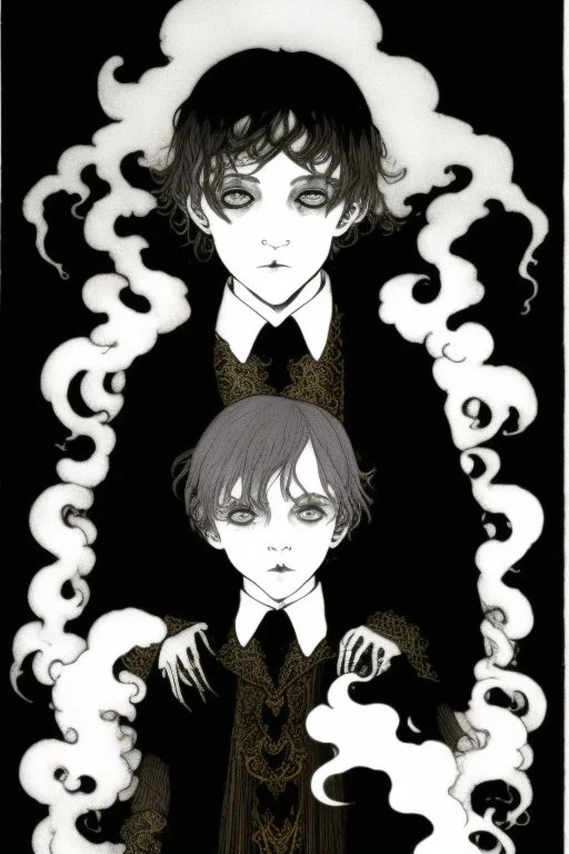 7 year old boy, necromancer, friendly, looks dead, surrounded by weird smoke with eyes, wearing black robes, in the style of Harry Clarke
