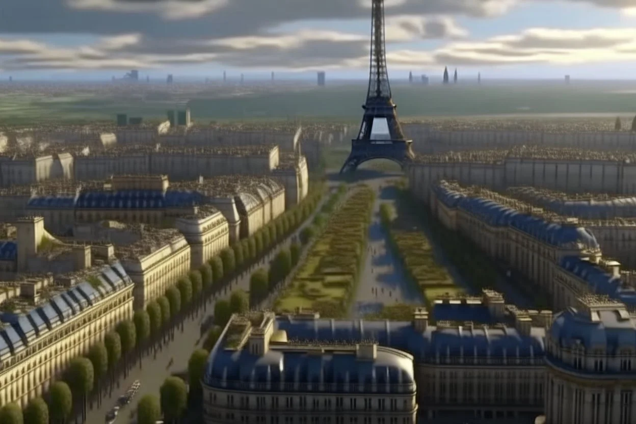 4k full realism. Crée un arriere plan le plus détaillé possible de la ville de Paris dévastée par un conflit nucleaire, et que malgré tout on y organise les jeux olympiques