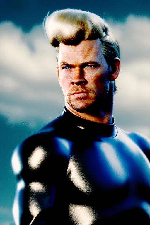 retro portrait image from 1960, sky background, wind, extra long blonde hair, fighting stance, young Chris Hemsworth, clean shave face, black dress, classic long tight lycra black suit, 2 steel disc in busty, big red cap, silver latex with scales on the arms, gold bracelet and belt, high boots, soft color, highly detailed, unreal engine 5, ray tracing, RTX, lumen lighting, ultra detail, volumetric lighting, 3d, finely drawn, high definition, high resolution.