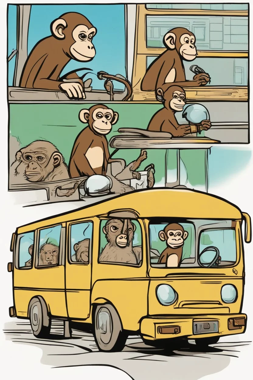 A monkey riding a bus, and a monkey using aa grill, a monkey going to work, and a monkey staying cool, in the art style of Pablo Picasso in a comic book format.