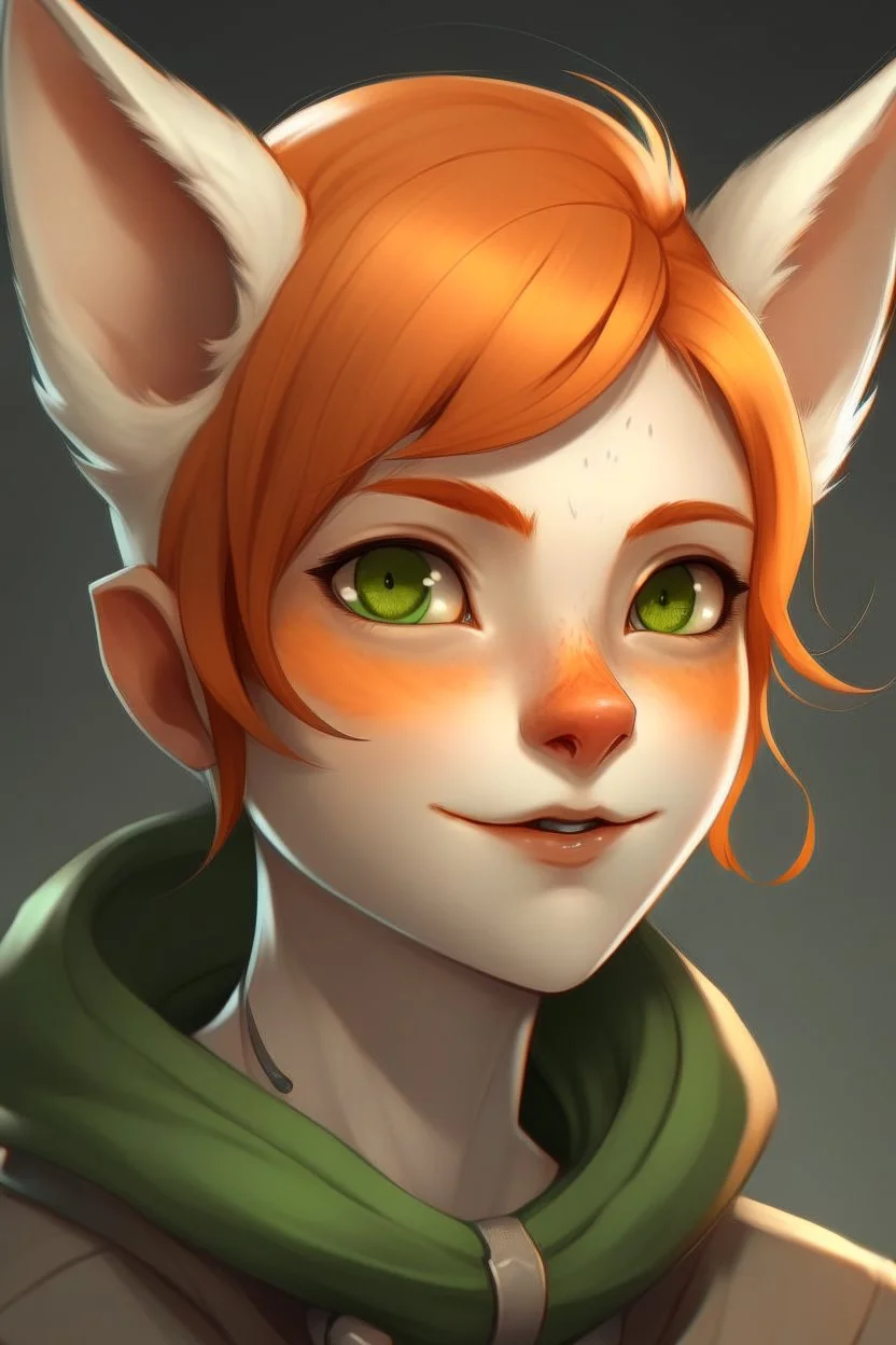 A female with short red hair, dark green eyes, large orange fox ears, slight smile, pale skin, freckles