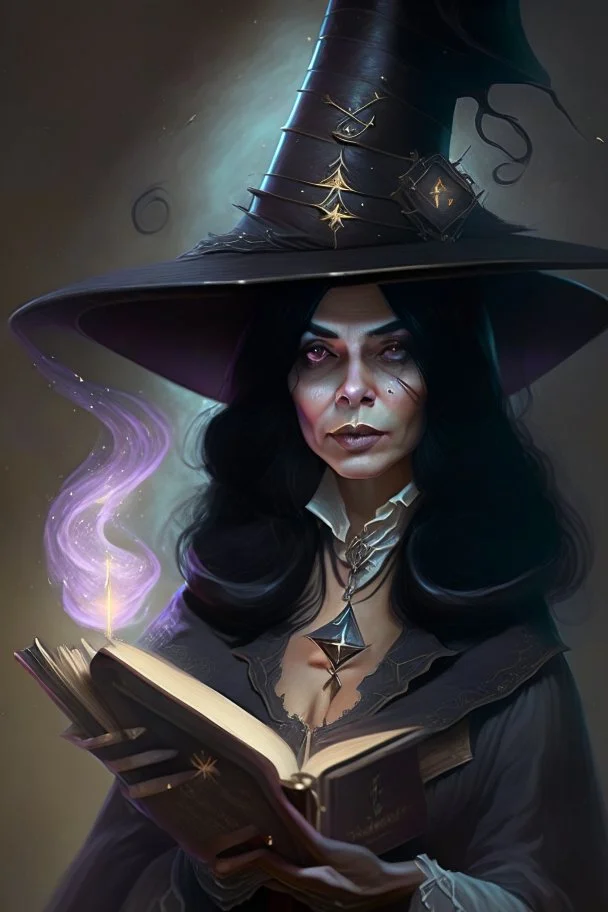 woman black hair middle aged magician with a spellbook big hat fantasy