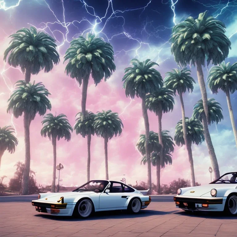 1980's aesthetic vaporwave palm trees and spheres and Porsche with lightning