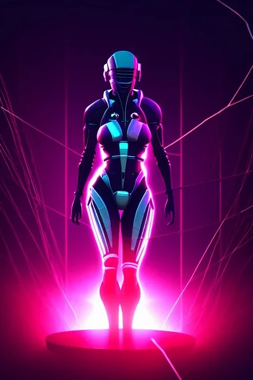 3d, si-fi hunger , far away a girl in the middle, stand on round platform, connected by wires , vr googles, beautifully color coded, super detailed, moody lighting, volumetric lighting, night time, glowing veins, mass effect, vertical light glow