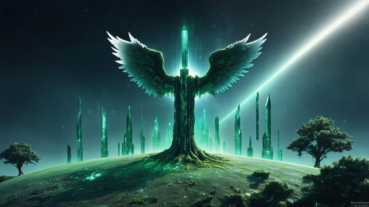 matrix universe, space, planets, god creation, angels from other dimensions with beautiful wings, trees on the planet, behind green crystals of light, few tiberium monolith deposits on the planet near tree,