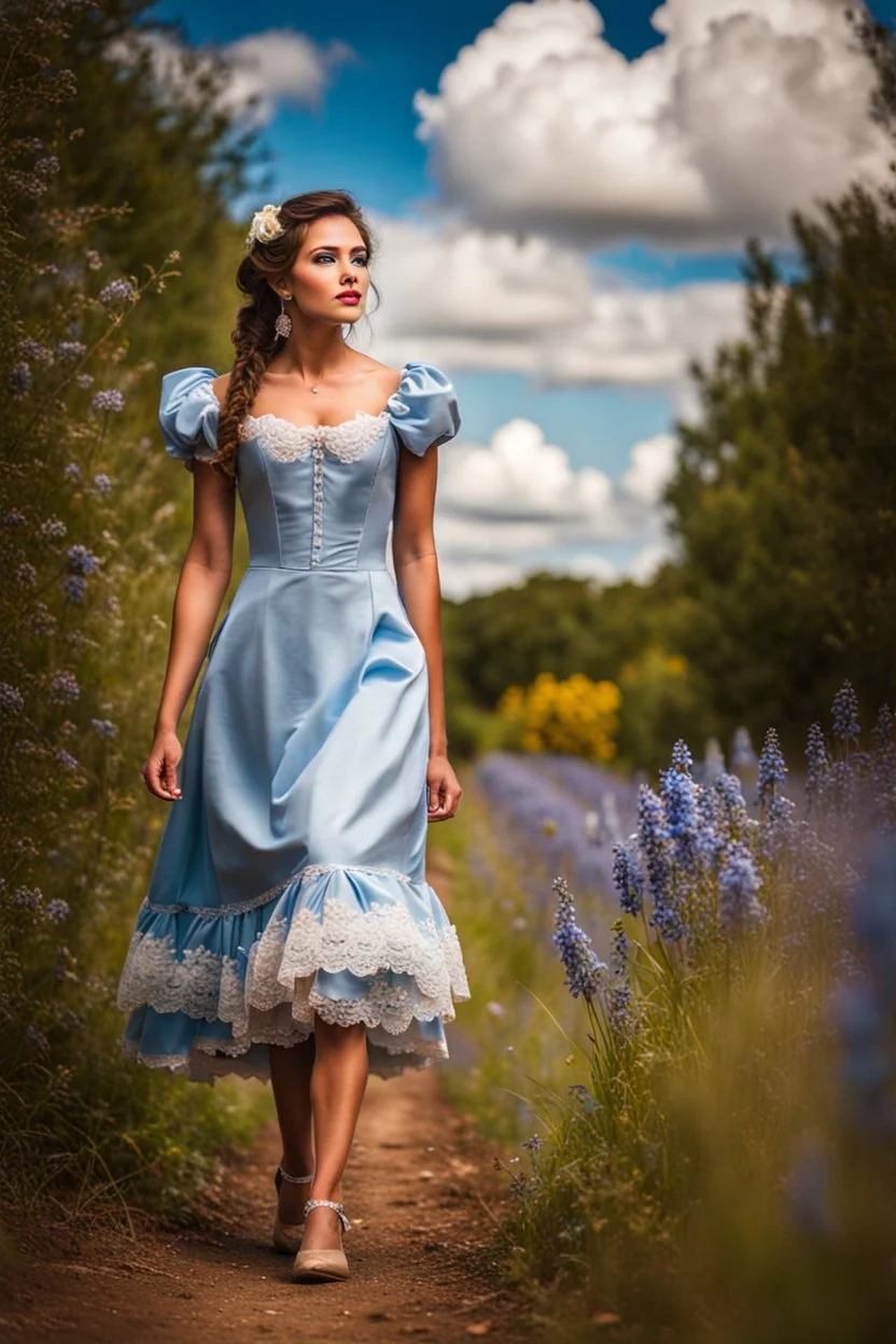 fullbody girl makeup wearing a victorian dress walking in country side ,flowers ,pretty clouds in blue sky