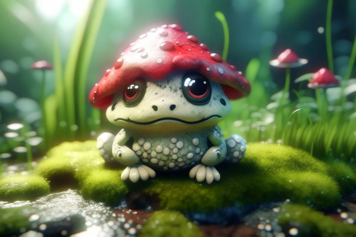 3D close-up of a very cute fluffy plushy chibi plush frog hiding from the rain under a red white spotted mushroom in the forest, puddles in front, grass and violets next to him, 3d effect melting watercolour on wet inked paper, black ink outline in sunshine, ethereal, cinematic postprocessing