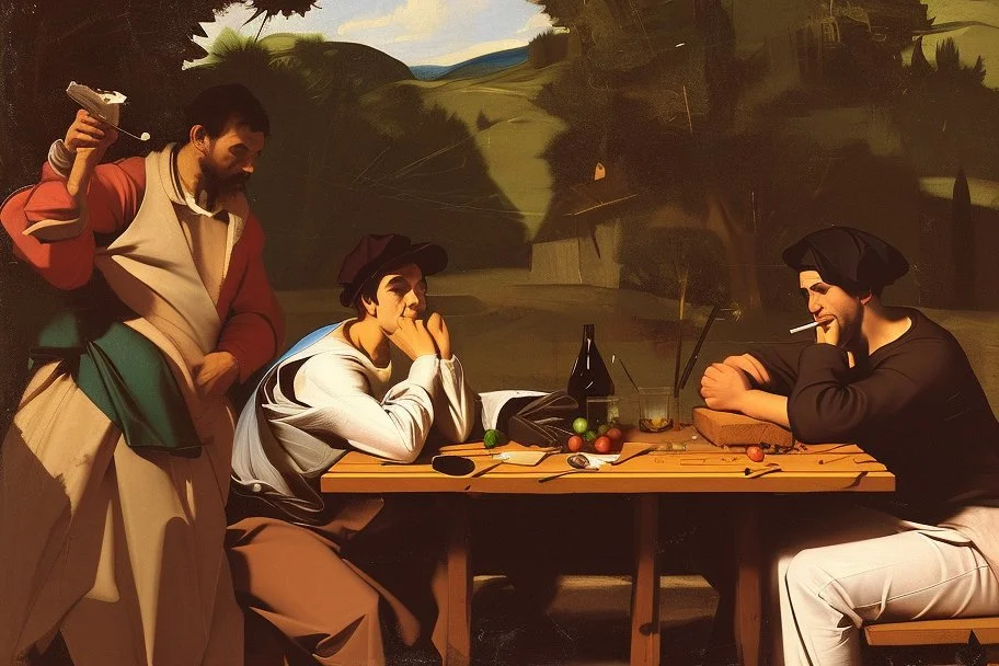 rapper smoking on picnic table by Caravaggio