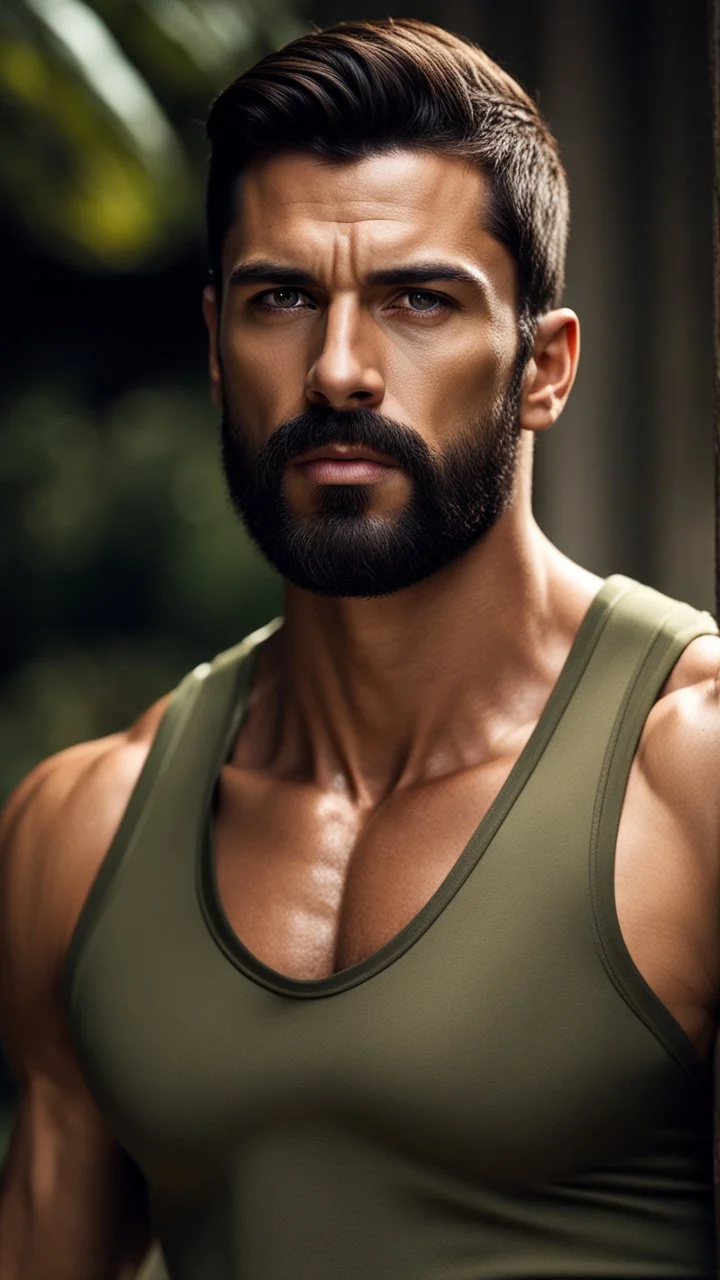 Portrait of an Olive skinned Man, very muscular, very handsome with short dark hair and a neatly trimmed beard, photorealistic