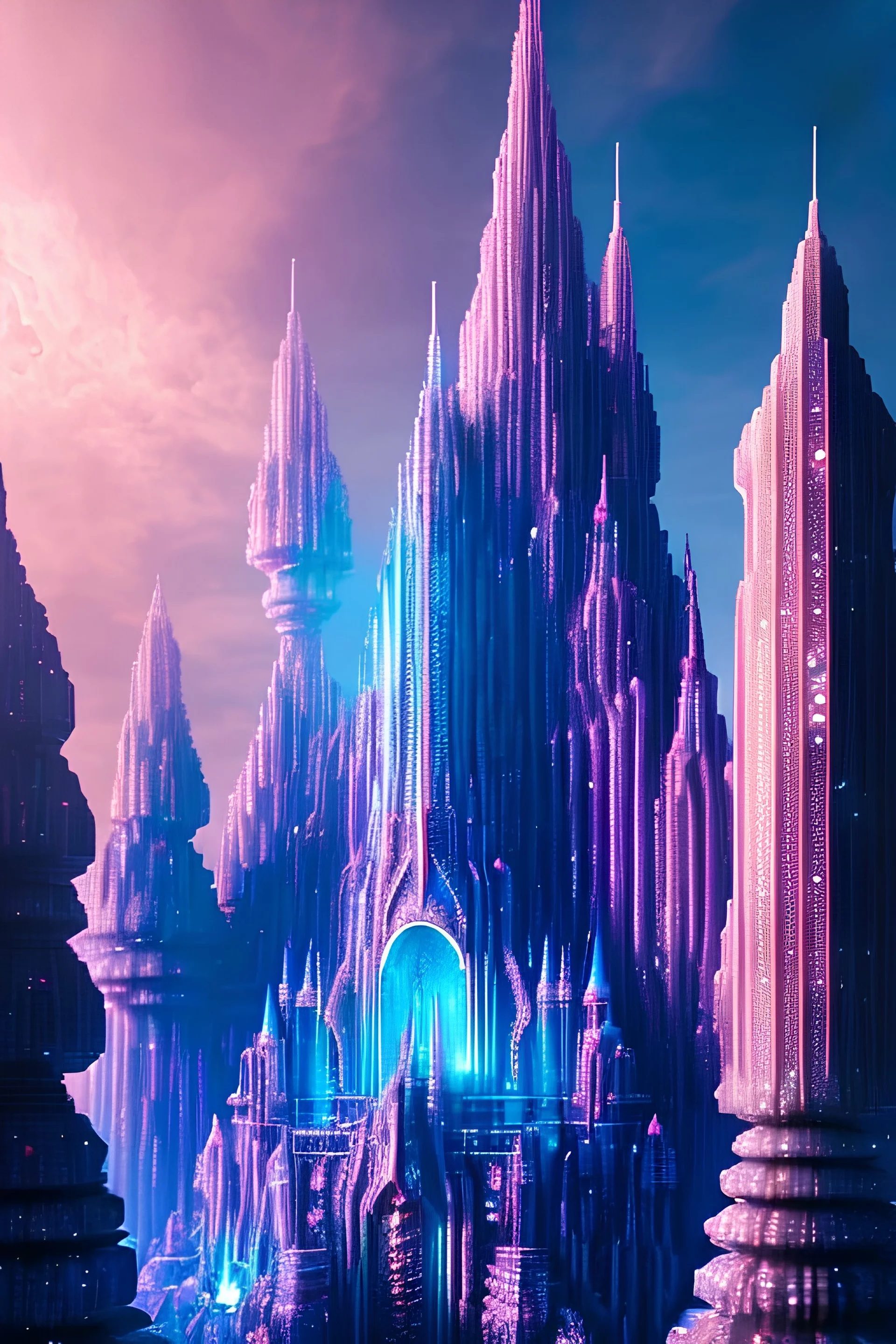 Cristal castel cristallin, couleur bleue forte, détaillé, vue de face, 8K, détails complexes, cyberpunk,soleil couchant crystal city crystalline in the sky, renderin, room, cosmic, opalescent, 100mm, opalescent, gemstones, crystals, object, other worldly,water, cristal rock ,bright, ice backg