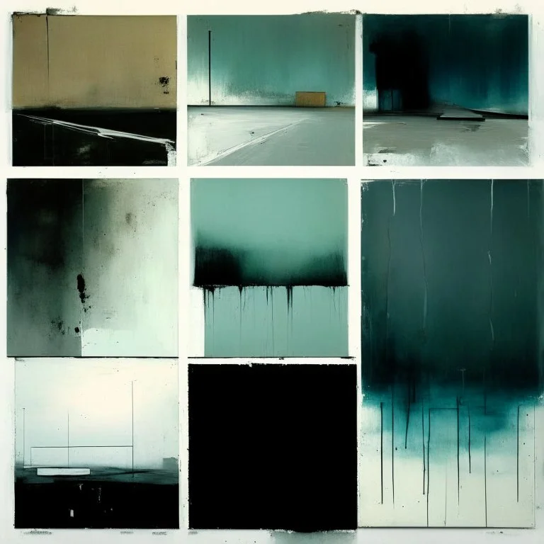 Minimal abstract oil paintings of a desolate 1960. On the floor are concrete fragments and road markings . In the dark mysterious style of Justin Mortimer and Francis Bacon.