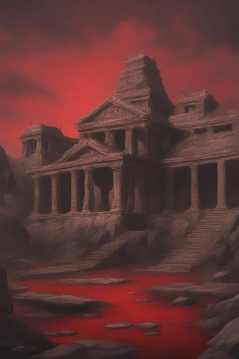 Broken temple with the floor covered in blood, detailed painting, red sky, bloody stone, creepy