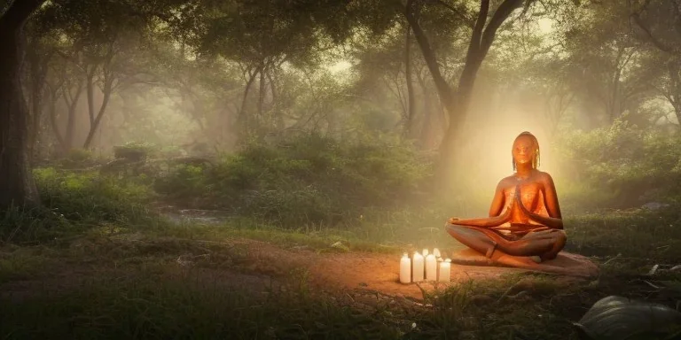 beautiful african lady meditating at night with candles in a enchanted forest, fotorealistic, high quality, landscape, 17, chalice well