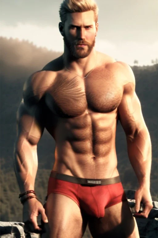 Ignore NSFW, teenager young rugged attractive slightly muscular fantasticly handsome blonde man, red briefs with yellow belt, hairy chest, (((visibly pisssing))) briefs, large erect visible boner peniss, photorealistic, artist Jay Anacleto, soft lighting, scruffy beard