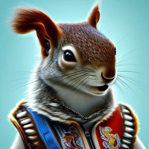  highly detailed and realistic squirrel member wearing a vest and a bandana riding a chopper, high detail, realism, vibrant colours, graffiti accents, complementary colours, splash art, perfect composition, beautiful detailed intricate insanely detailed octane render trending on artstation, 8 k artistic photography, photorealistic concept art, soft natural volumetric cinematic perfect light, chiaroscuro, award - winning photograph, masterpiece, oil on canvas, raphael, caravaggio, greg rutko