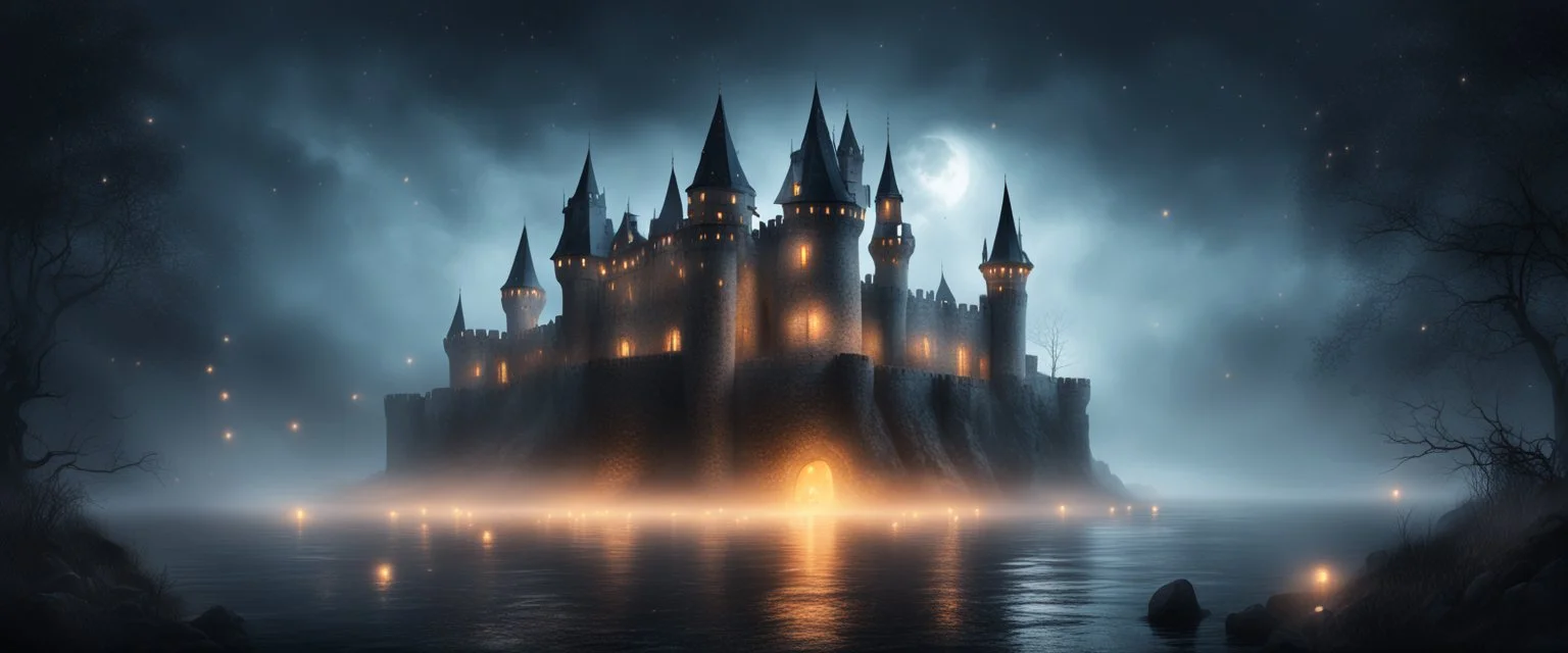 Hyper realistic huge haunted castle in a heavy foggy night with fireflies between an ocean