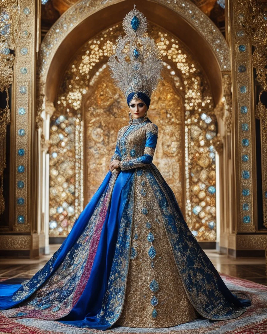 Gorgeous photography stand pose Beautiful super model Iranian islamic dressing Luxury Queen colorful art conceptual, amazing artwork,close-up portrait,crystal diamonds shappire ornaments background